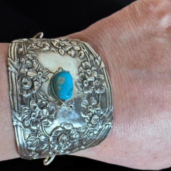 Antique Sterling Silver Cuff Bracelet Sleeping Beauty Turquoise 925 Victorian - Picture 2 of 9
